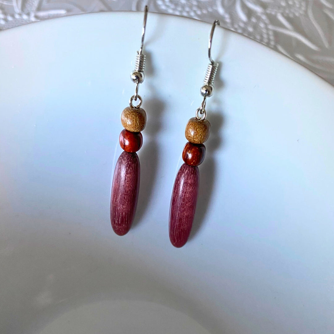 Wood Dangle Earrings Purple Heart