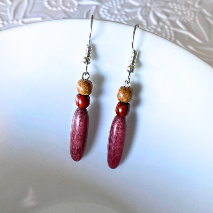 Wood Dangle Earrings Purple Heart