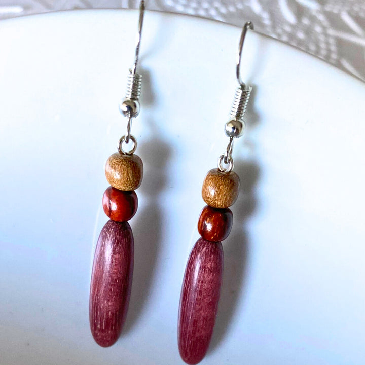 Wood Dangle Earrings Purple Heart