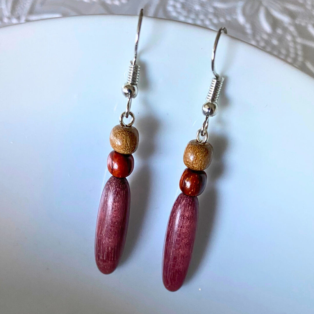 Wood Dangle Earrings Purple Heart