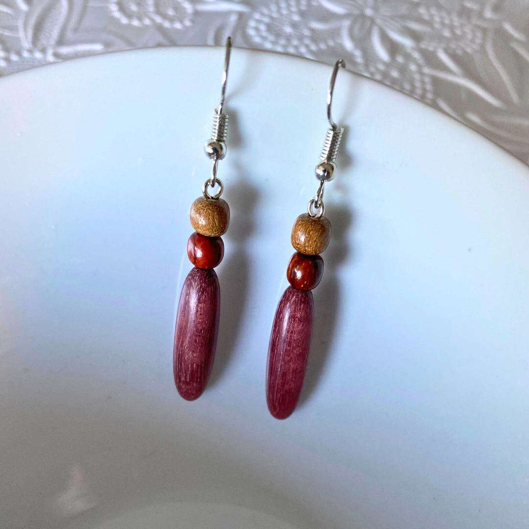 Wood Dangle Earrings Purple Heart
