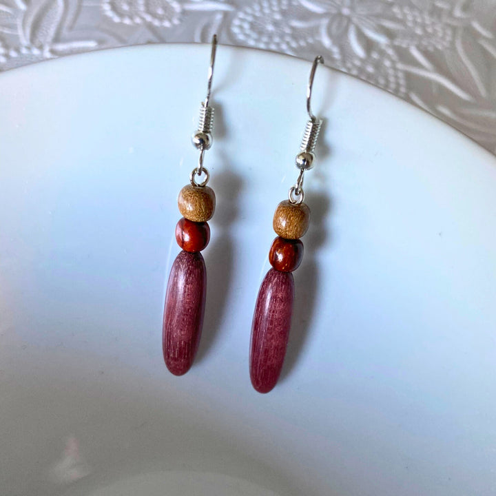 Wood Dangle Earrings Purple Heart