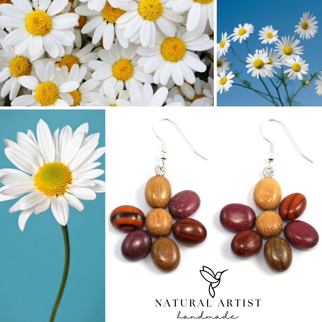 flower earrings made of woods from costa rica