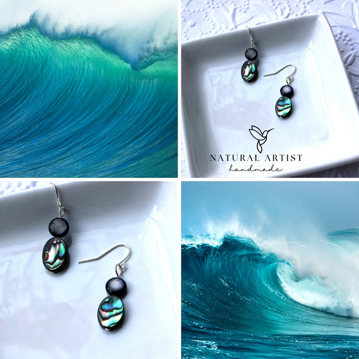 abalone earrings. Natural Artist shell earrings made from natural abalone shell drop earring style with ocean wave images