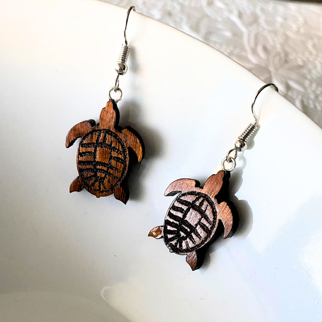 Wood Sea Turtle Earrings