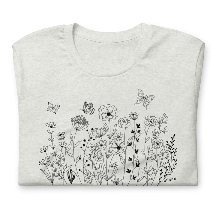 Flowers and Butterfly Graphic T-Shirt Black Print on White Cream Gray Cotton Tee