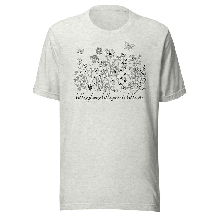 Flowers and Butterfly Graphic T-Shirt Black Print on White Cream Gray Cotton Tee