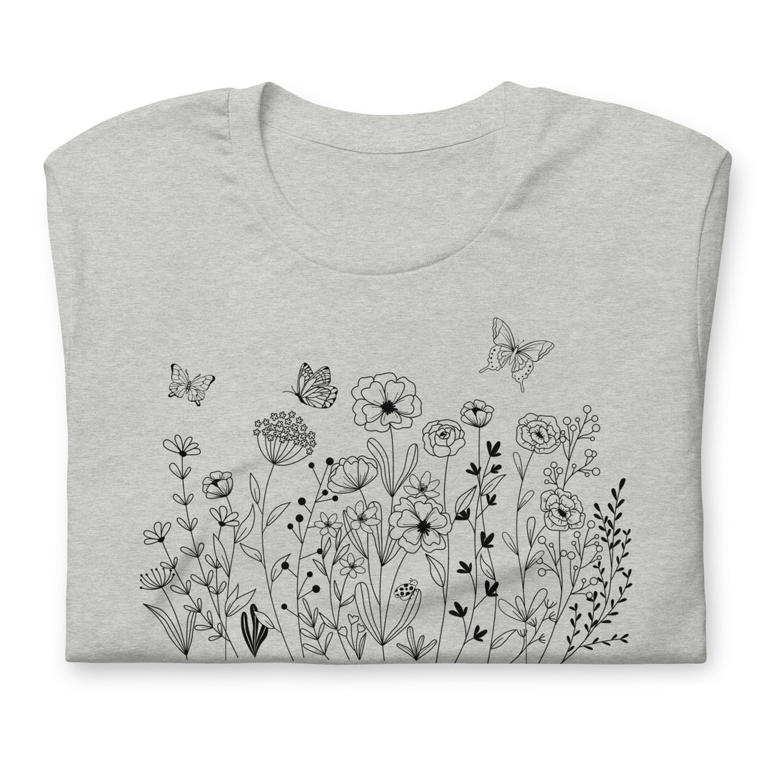 Flowers and Butterfly Graphic T-Shirt Black Print on White Cream Gray Cotton Tee