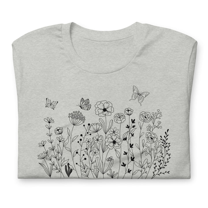 Flowers and Butterfly Graphic T-Shirt Black Print on White Cream Gray Cotton Tee