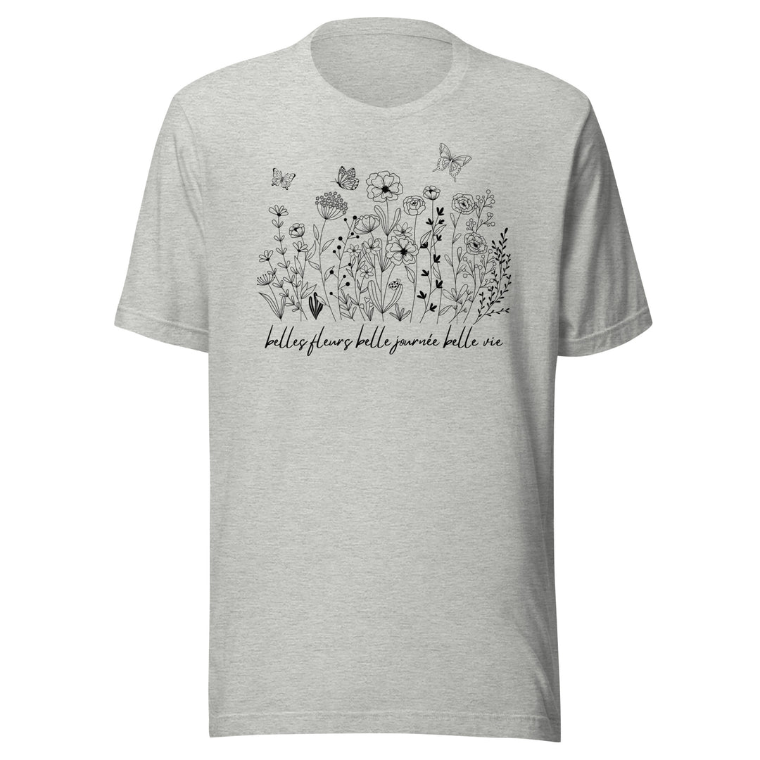 Flowers and Butterfly Graphic T-Shirt Black Print on White Cream Gray Cotton Tee
