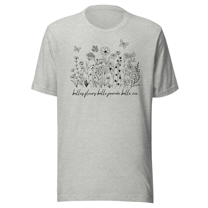 Flowers and Butterfly Graphic T-Shirt Black Print on White Cream Gray Cotton Tee