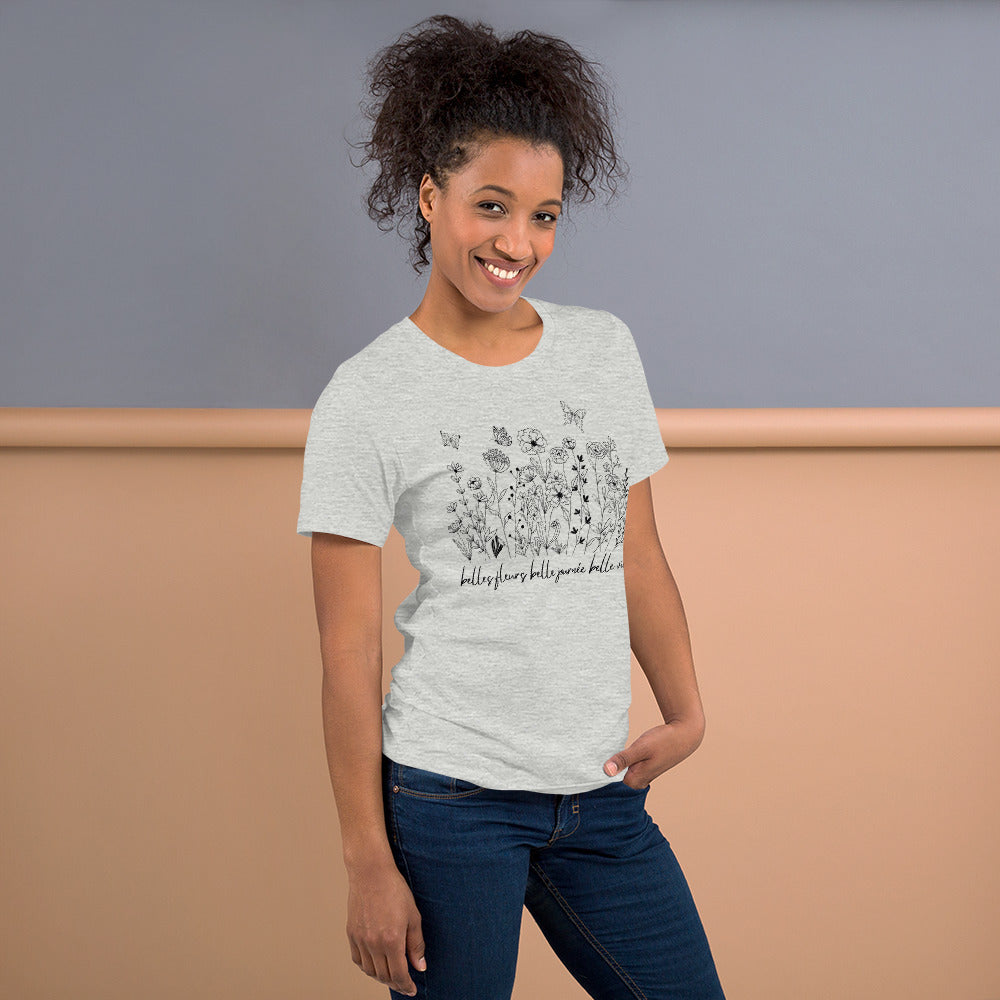 Flowers and Butterfly Graphic T-Shirt Black Print on White Cream Gray Cotton Tee