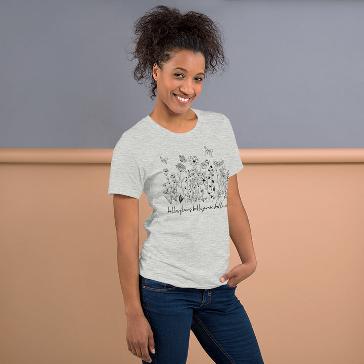 Flowers and Butterfly Graphic T-Shirt Black Print on White Cream Gray Cotton Tee