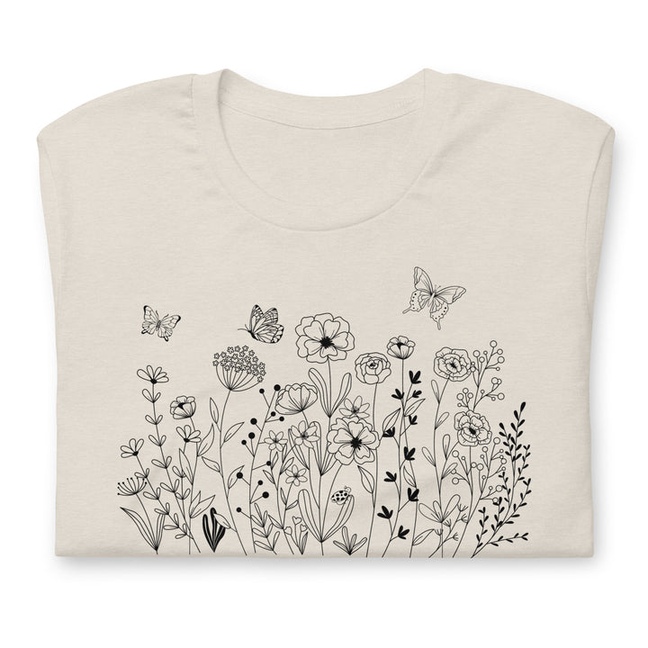 Flowers and Butterfly Graphic T-Shirt Black Print on White Cream Gray Cotton Tee