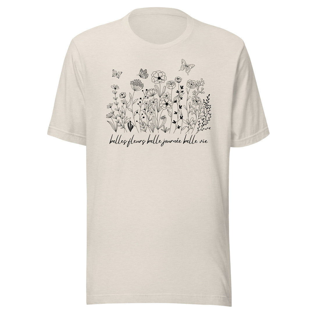 Flowers and Butterfly Graphic T-Shirt Black Print on White Cream Gray Cotton Tee