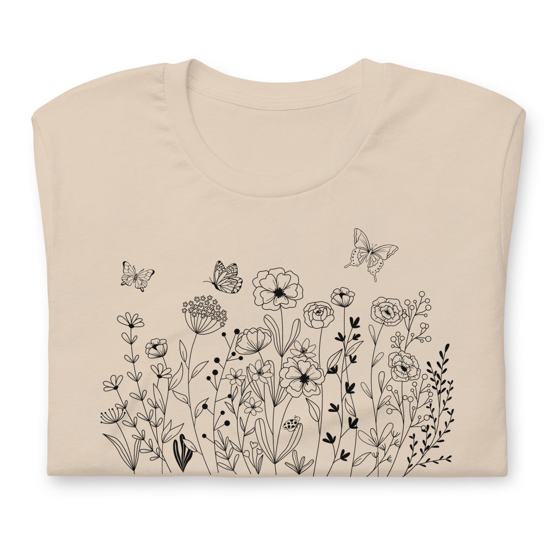 Flowers and Butterfly Graphic T-Shirt Black Print on White Cream Gray Cotton Tee