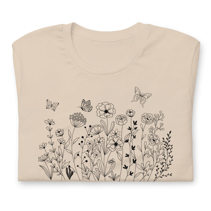 Flowers and Butterfly Graphic T-Shirt Black Print on White Cream Gray Cotton Tee