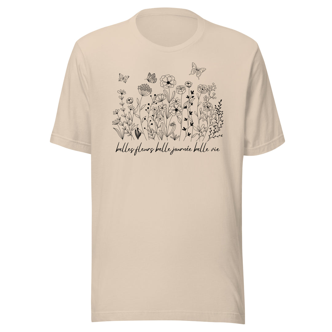 Flowers and Butterfly Graphic T-Shirt Black Print on White Cream Gray Cotton Tee
