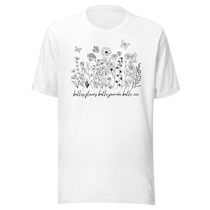 Flowers and Butterfly Graphic T-Shirt Black Print on White Cream Gray Cotton Tee