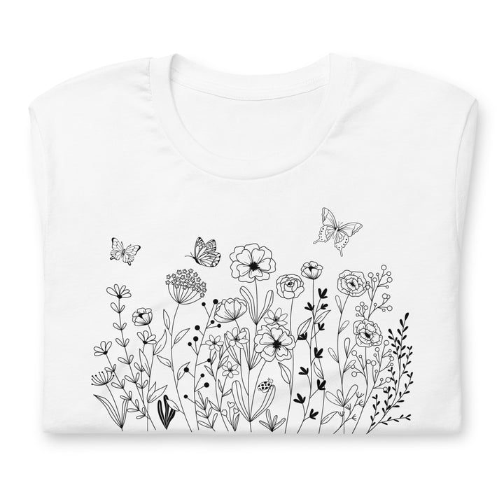 Flowers and Butterfly Graphic T-Shirt Black Print on White Cream Gray Cotton Tee