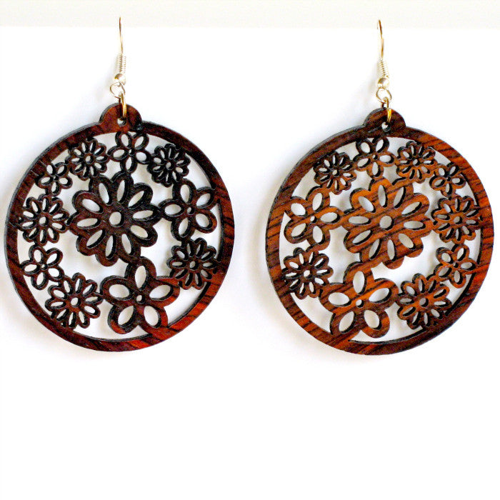 millefiori wood flower earrings, drop earring style