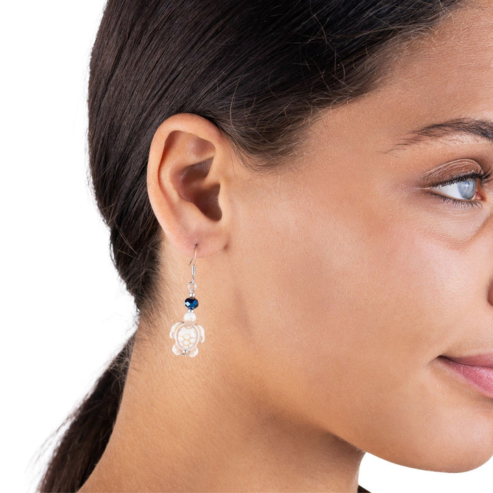 Turtle Earrings - White Turquoise and Sapphire Blue Crystal