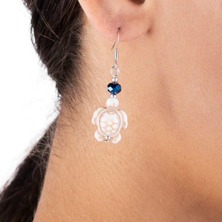Turtle Earrings - White Turquoise and Sapphire Blue Crystal