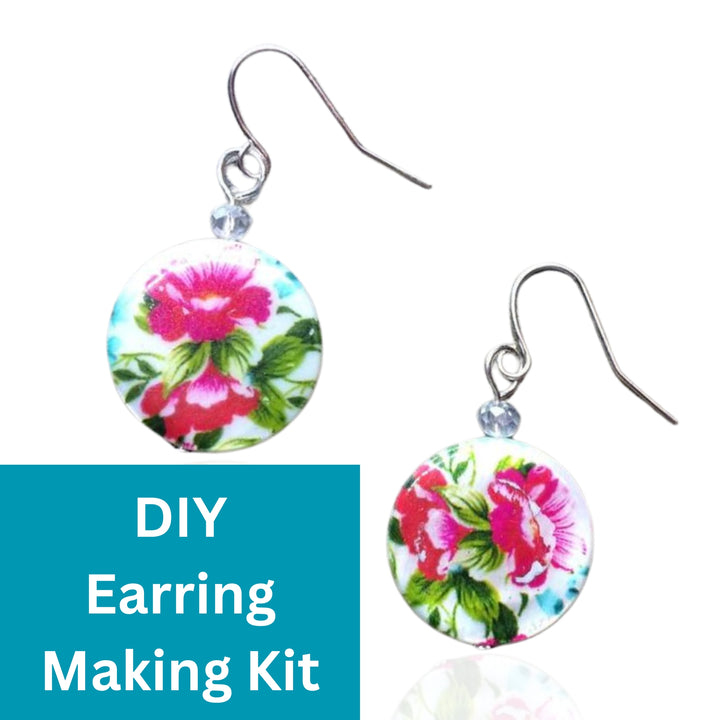 DIY Earring Making Kit Pink Flowers on Mother of Pearl Shell Earrings