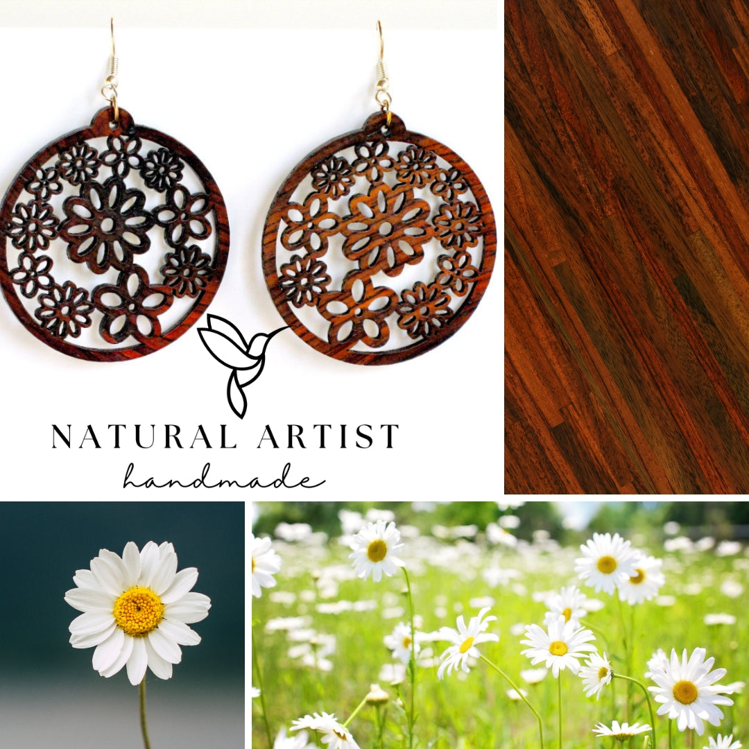 Millefiori wood earrings made of rosewood from costa rica handmade and fair trade