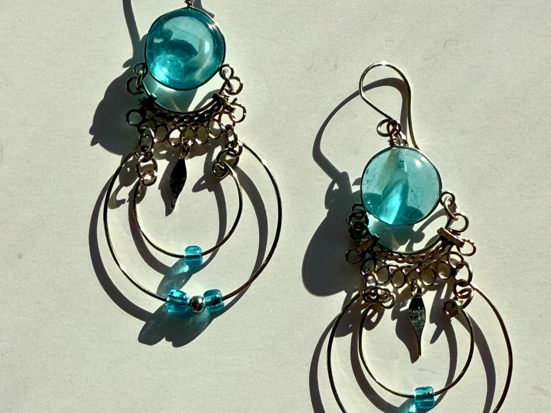 Blue Murano Glass Alpaca Silver Large Dangle Earrings Peruvian Vintage Earrings