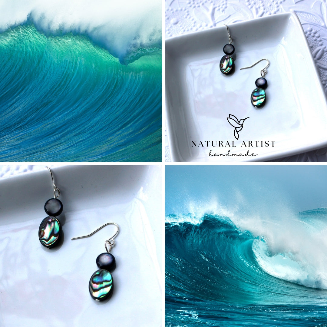 abalone earrings. Natural Artist shell earrings made from natural abalone shell drop earring style with ocean wave images