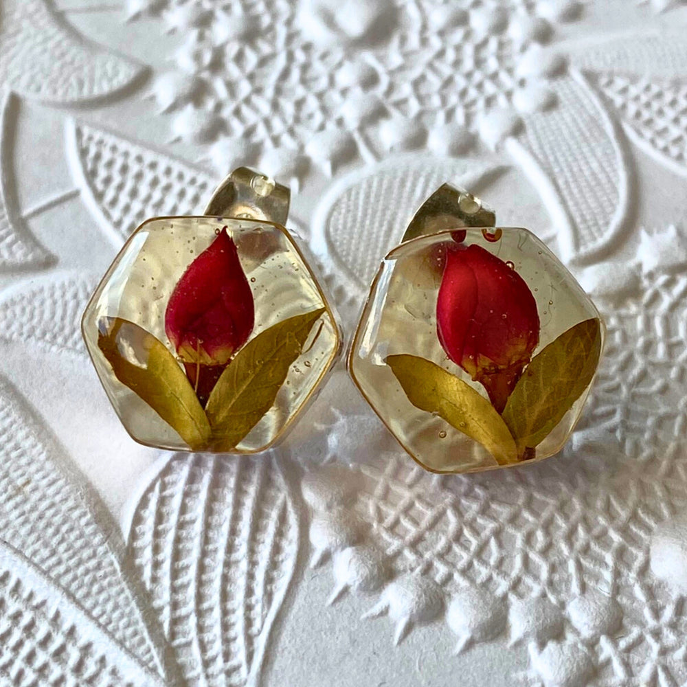 vintage earrings real flower earrings red rose bud earrings sterling silver stud earrings