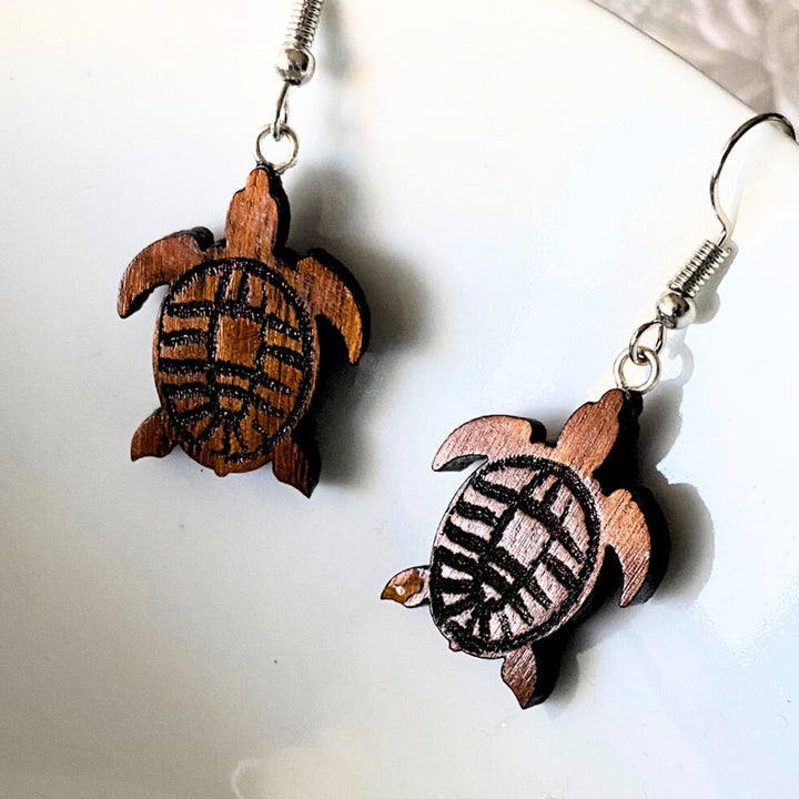 Wood Sea Turtle Earrings