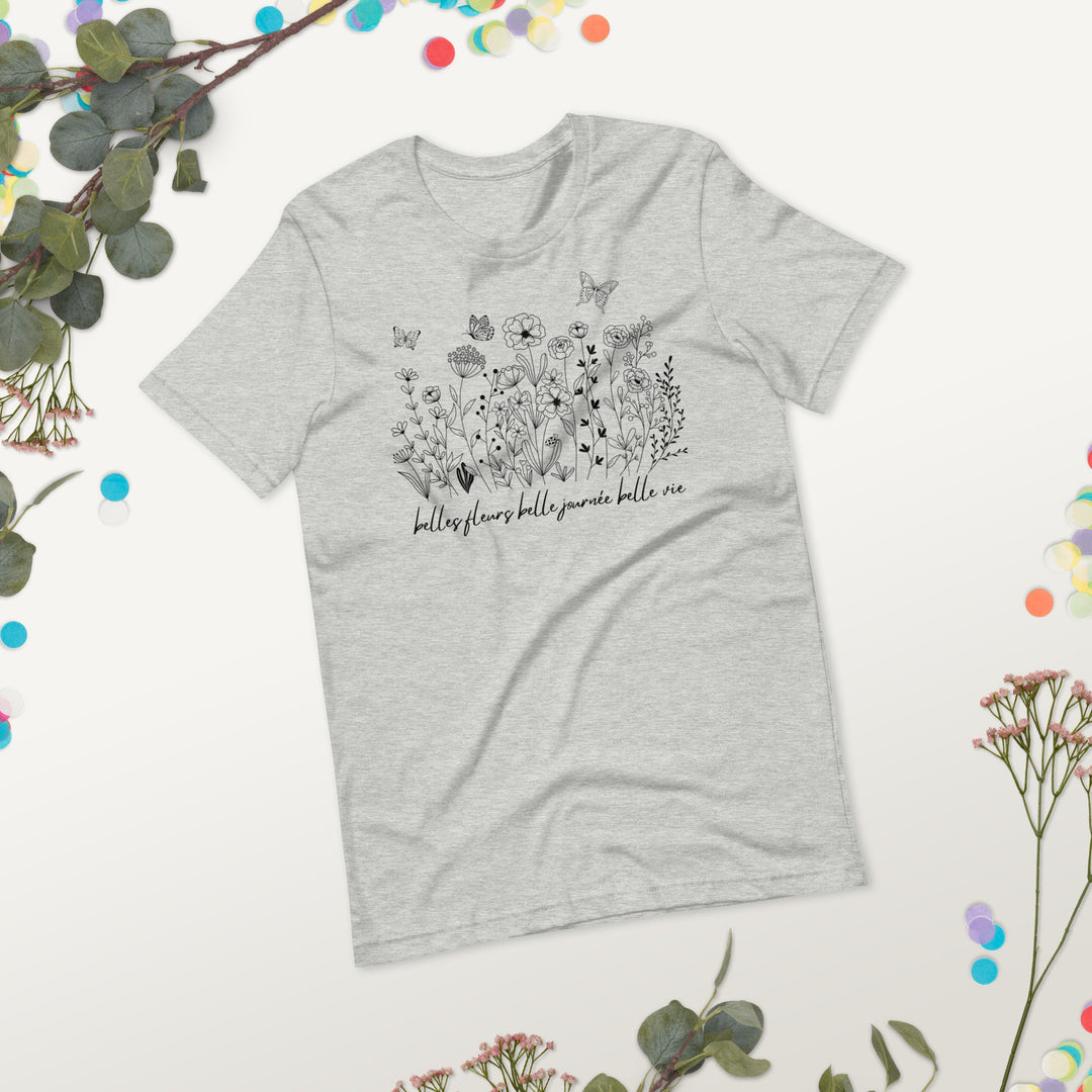 Flowers and Butterfly Graphic T-Shirt Black Print on White Cream Gray Cotton Tee