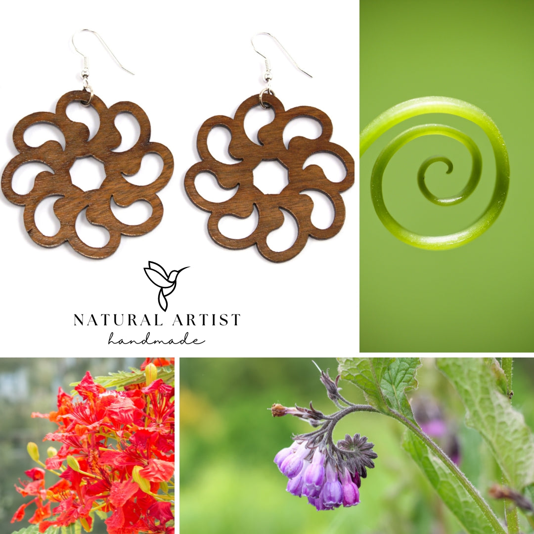 wood flower swirl earrings handmade and fair trade from costa rica