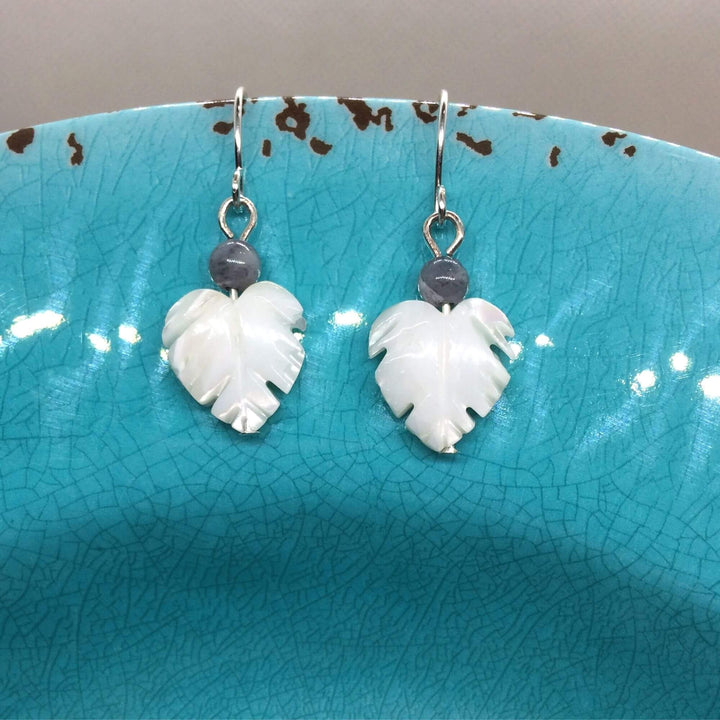 shell earrings, mother of pearl, palm leaf shape drop earrings