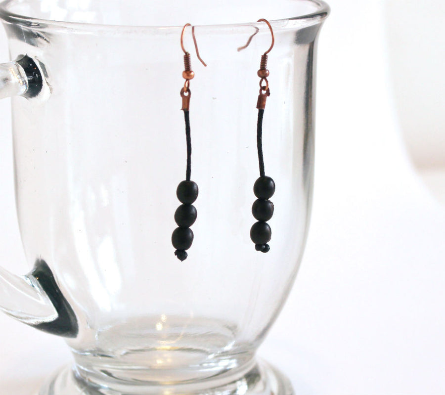 black earrings made with rain forest seeds, drop earrings