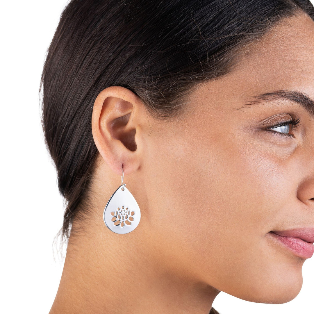 Lotus Earrings - Lotus Cutout Silver Teardrop Earrings