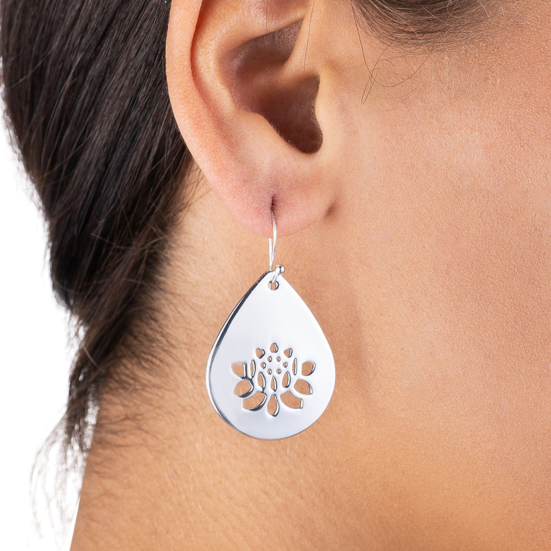 Lotus Earrings - Lotus Cutout Silver Teardrop Earrings