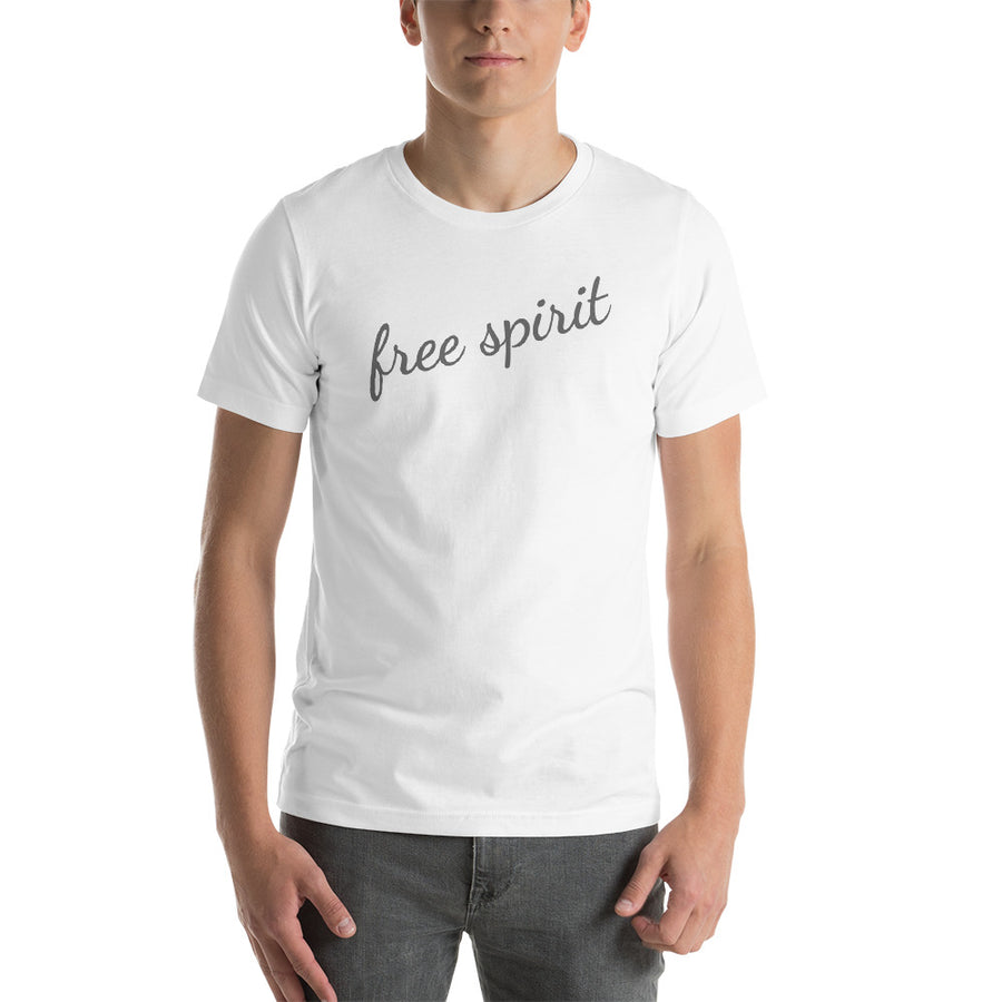 free spirit unisex comfortable white t shirt on male model