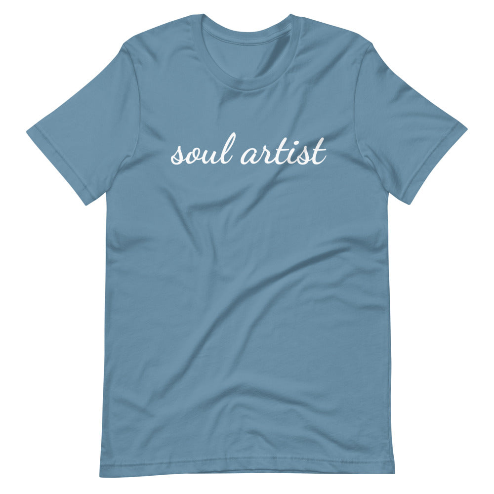 soul artist slate blue t shirt with white lwriting