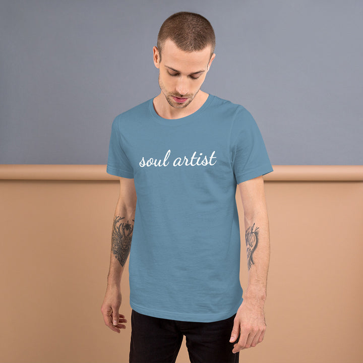 slate blue soul artist t shirt with white font on young  man