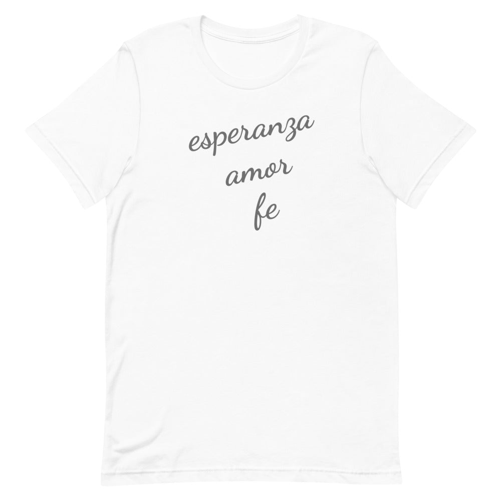 graphic t shirt esperanza amor fe white short sleeve