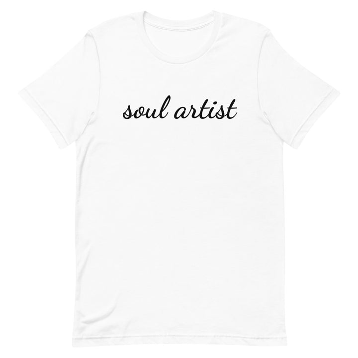 soul aartist graphic t shirt black writing on white t shirt