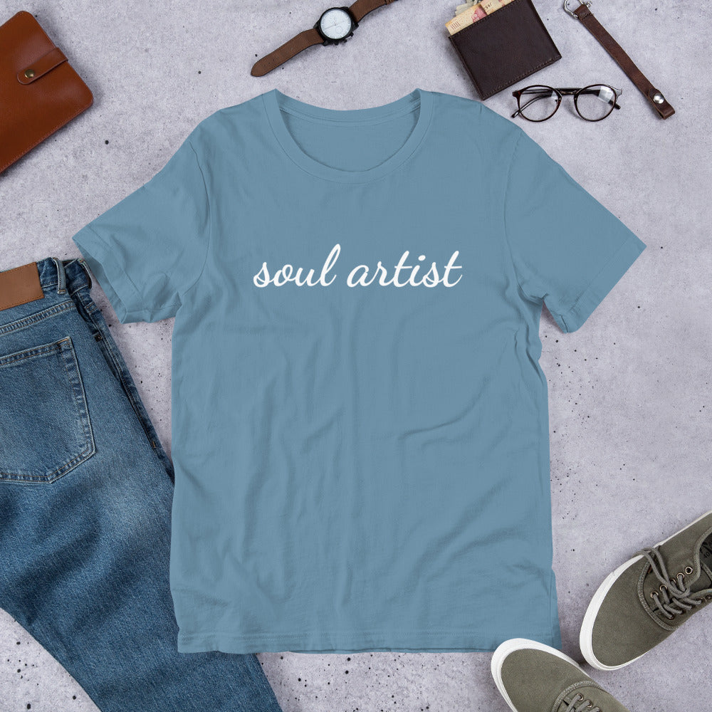 soul artist unisex blue short sleeve t shirt with graphic writing in white 
